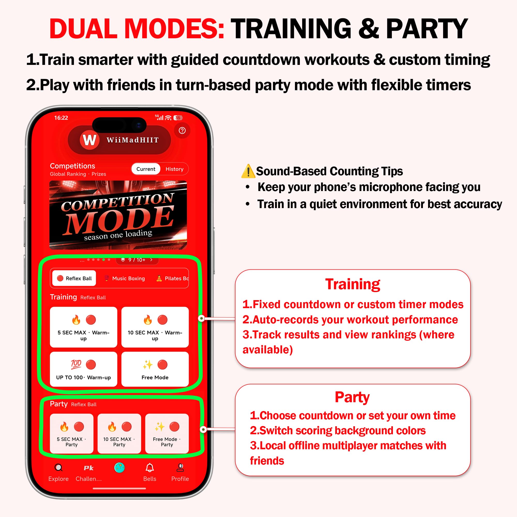 WiiMad app punch counter screenshot showing session score and leaderboard for motivation