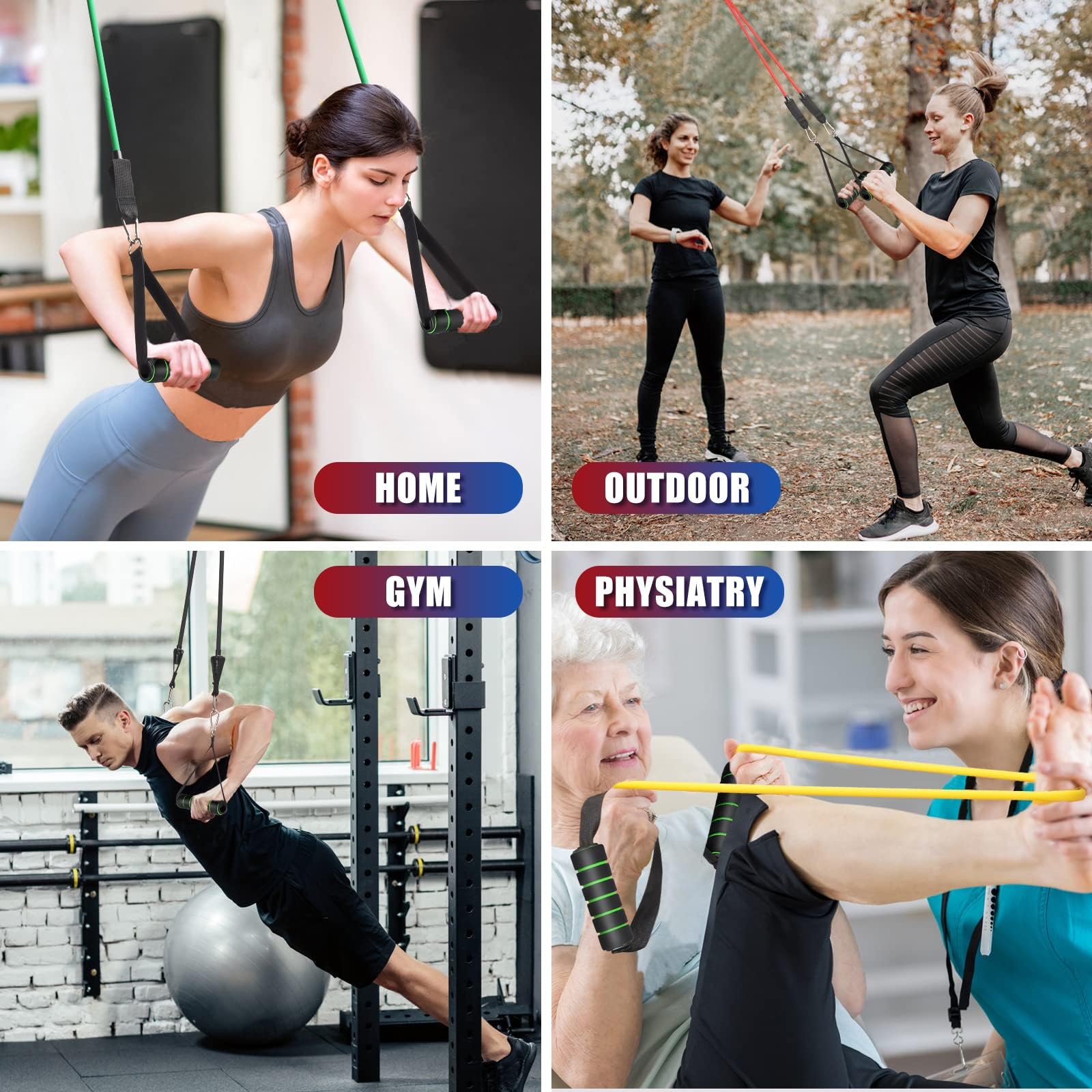WIKDAY model stretching a band outdoors highlighting travel-friendly strength