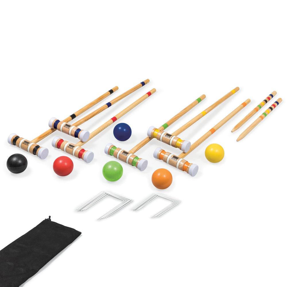 Wild Sports front view of boxed croquet set showing included pieces and portability benefits
