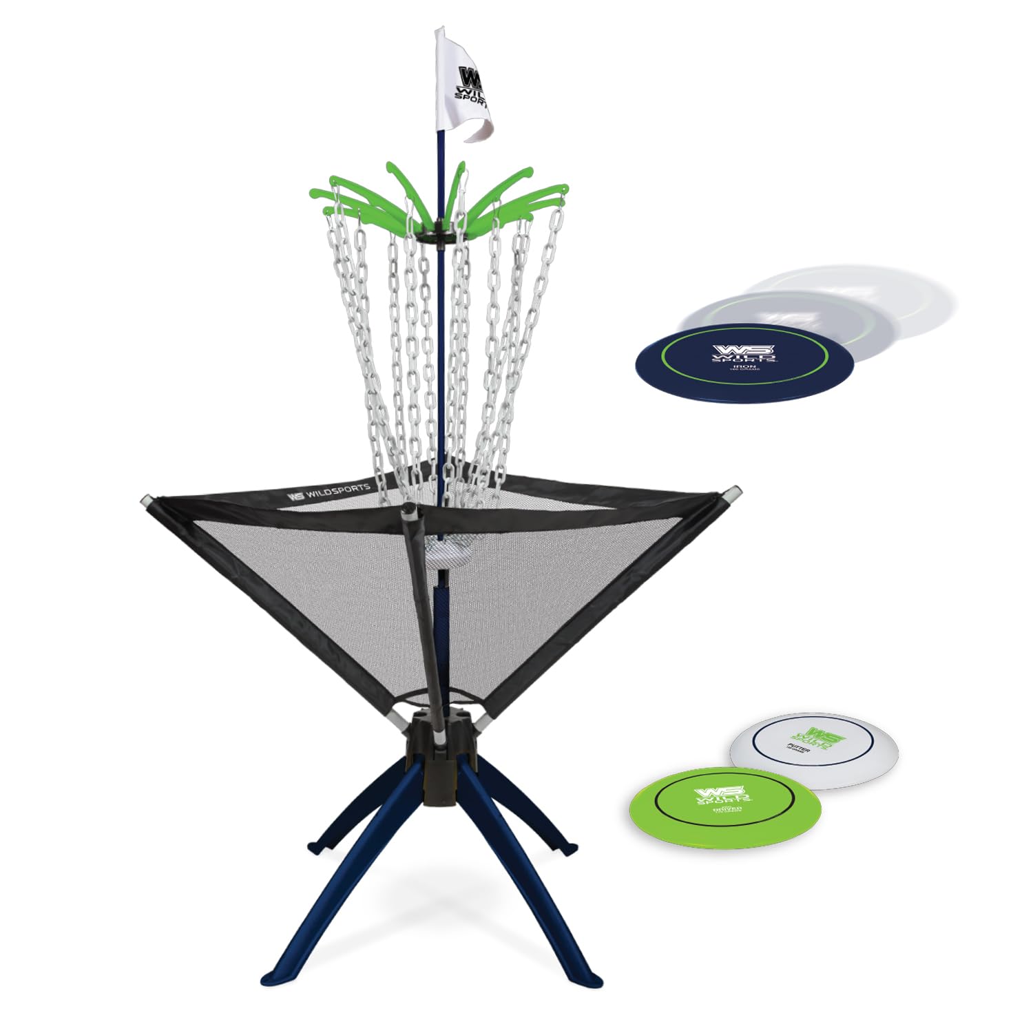 Wild Sports front view of full 5 ft basket and three discs showing portability benefit