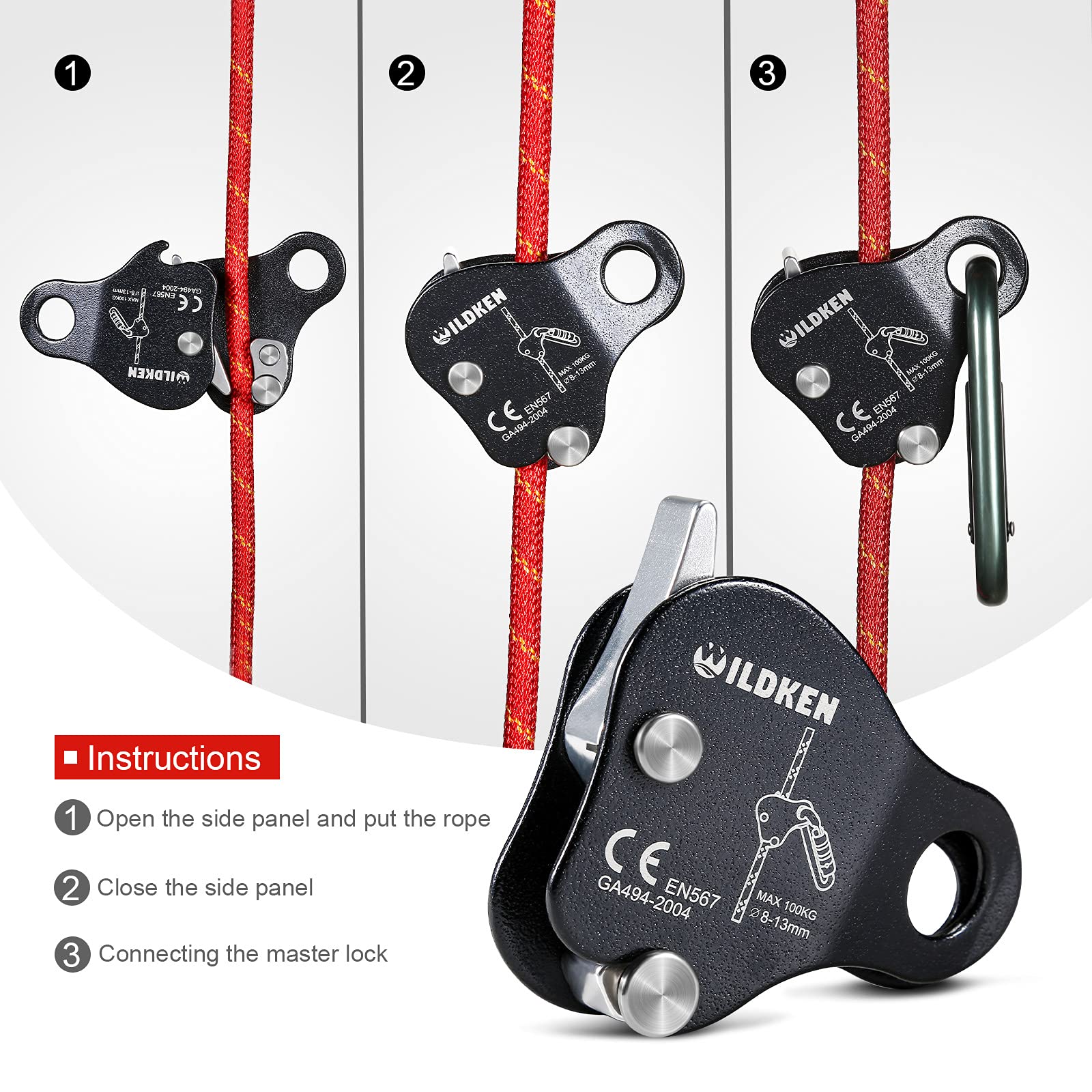 WILDKEN ascender connected to harness via carabiner showing secure attachment benefit
