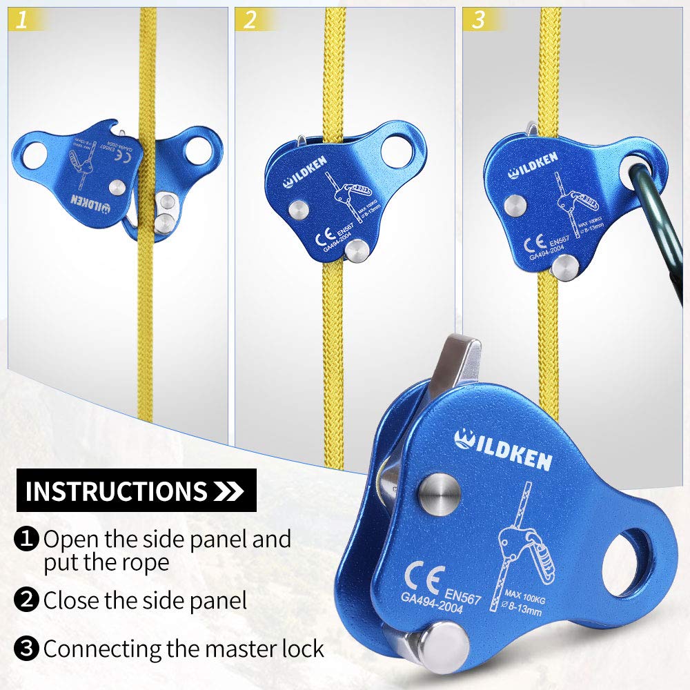 WILDKEN ascender with rope threaded showing compatibility with 8–13mm ropes