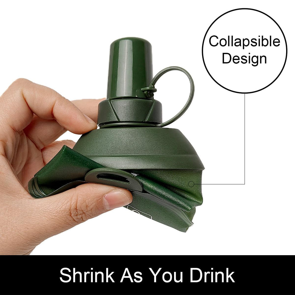 WILDREEDS collapsed flask beside a full bottle to highlight fold-flat storage benefit