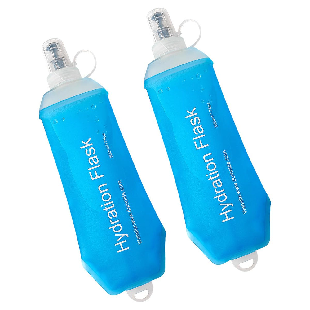 WILDREEDS front view of two blue 500ml soft flasks showing compact design and color