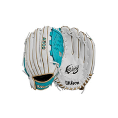 WILSON glove front view showing white teal gold design and ready-to-play benefit