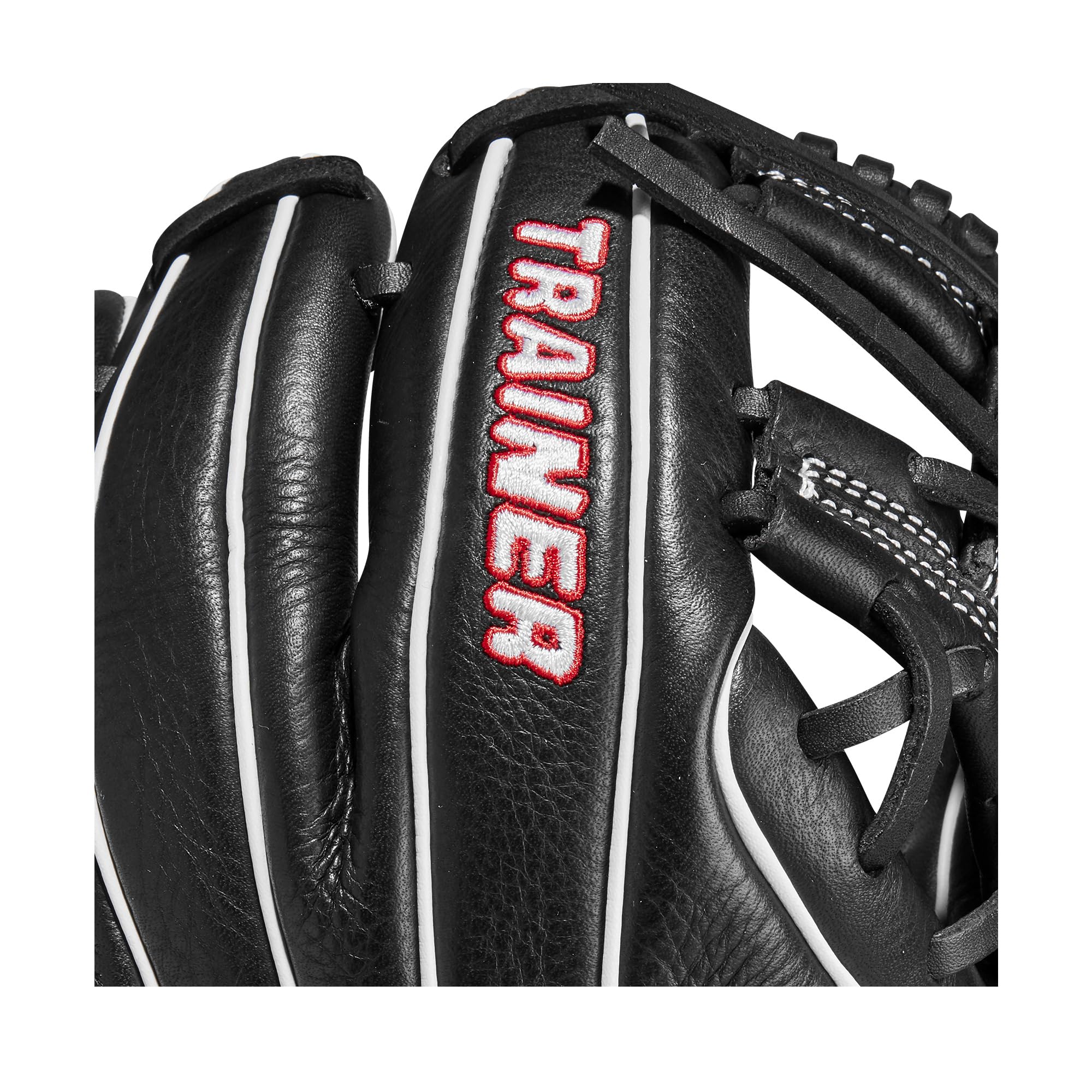 Wilson logo detail on glove reinforcing professional-grade feel during practice