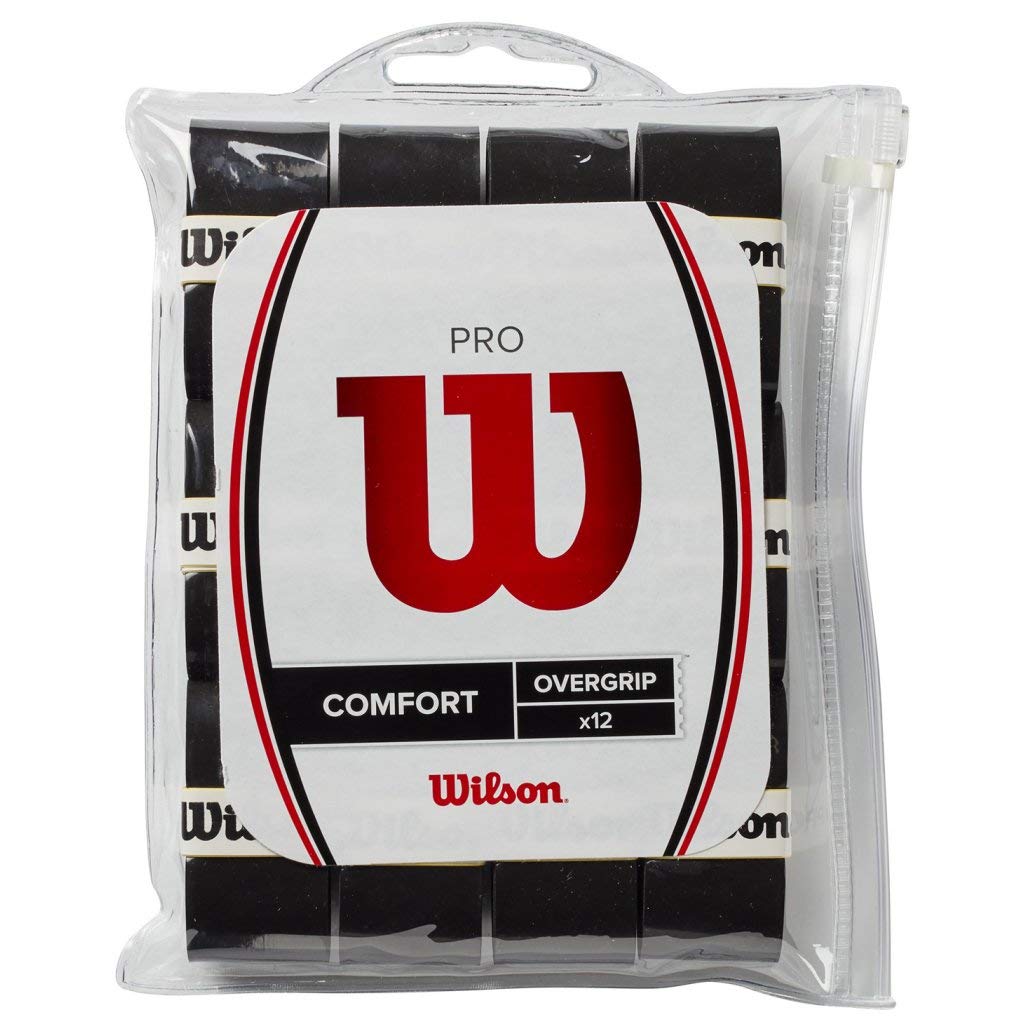 WILSON front packaging showing 12 black overgrips and tape for long-lasting control