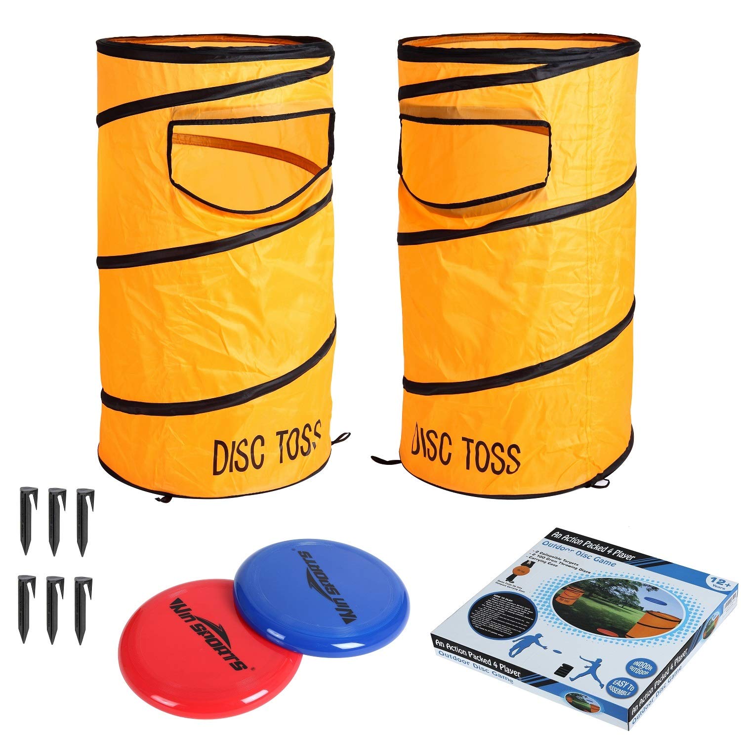 WIn SPORTS front packaging showing orange disc toss set for quick ID and portability