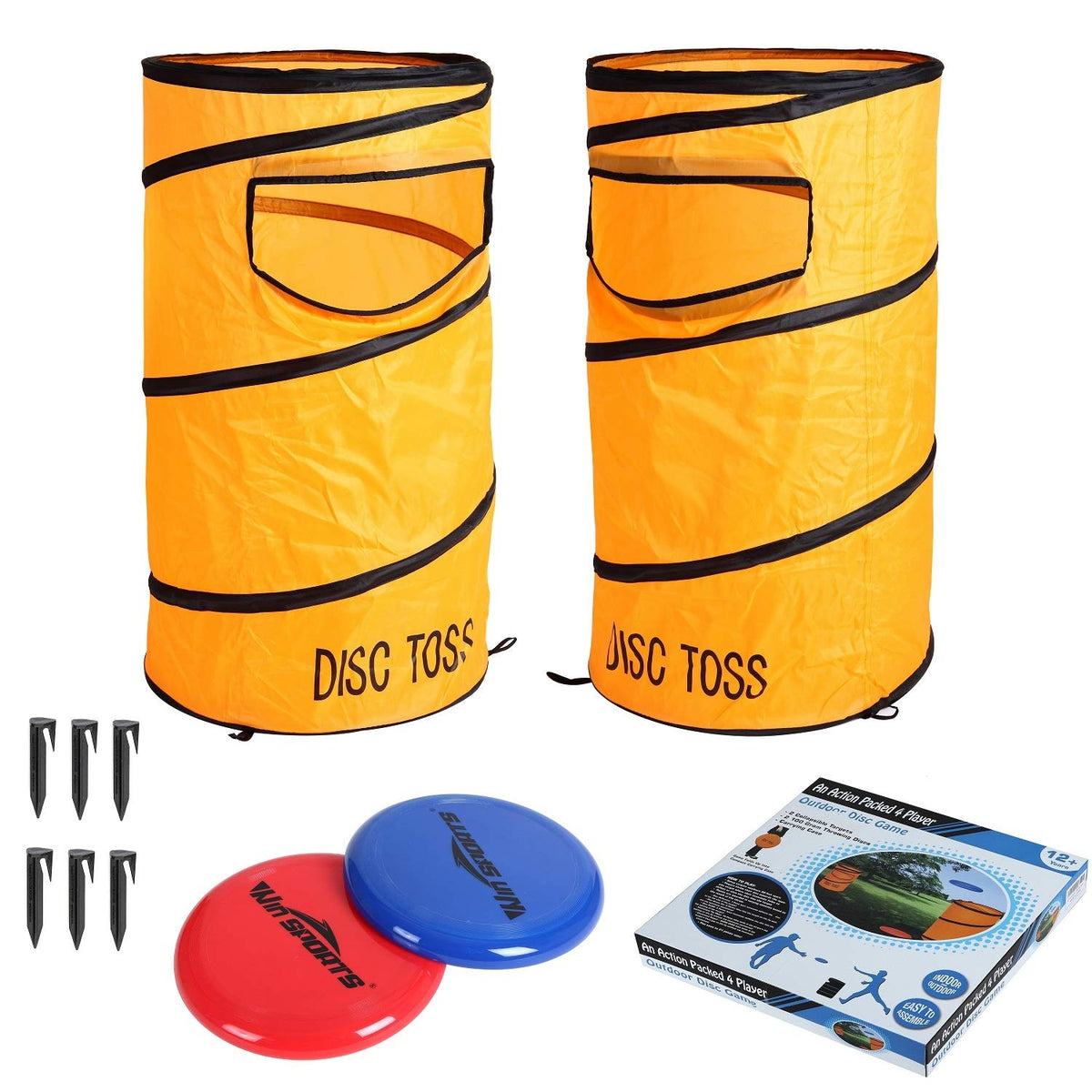 WIn SPORTS front packaging showing orange disc toss set for quick ID and portability