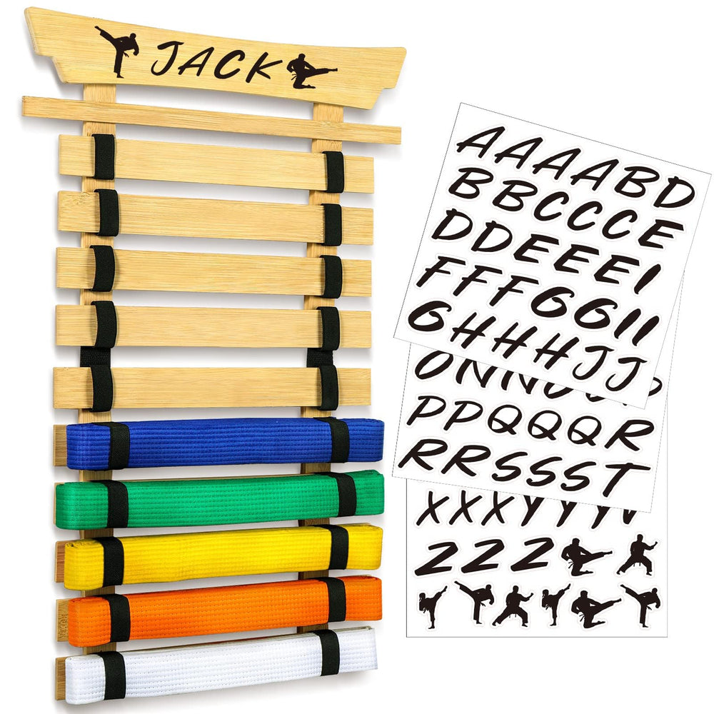Winartton front view bamboo belt rack showing neat organized belts and display benefit