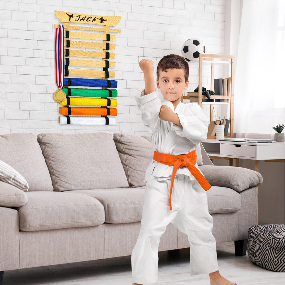 Winartton lifestyle dojo wall display showcasing belts proudly and motivating students