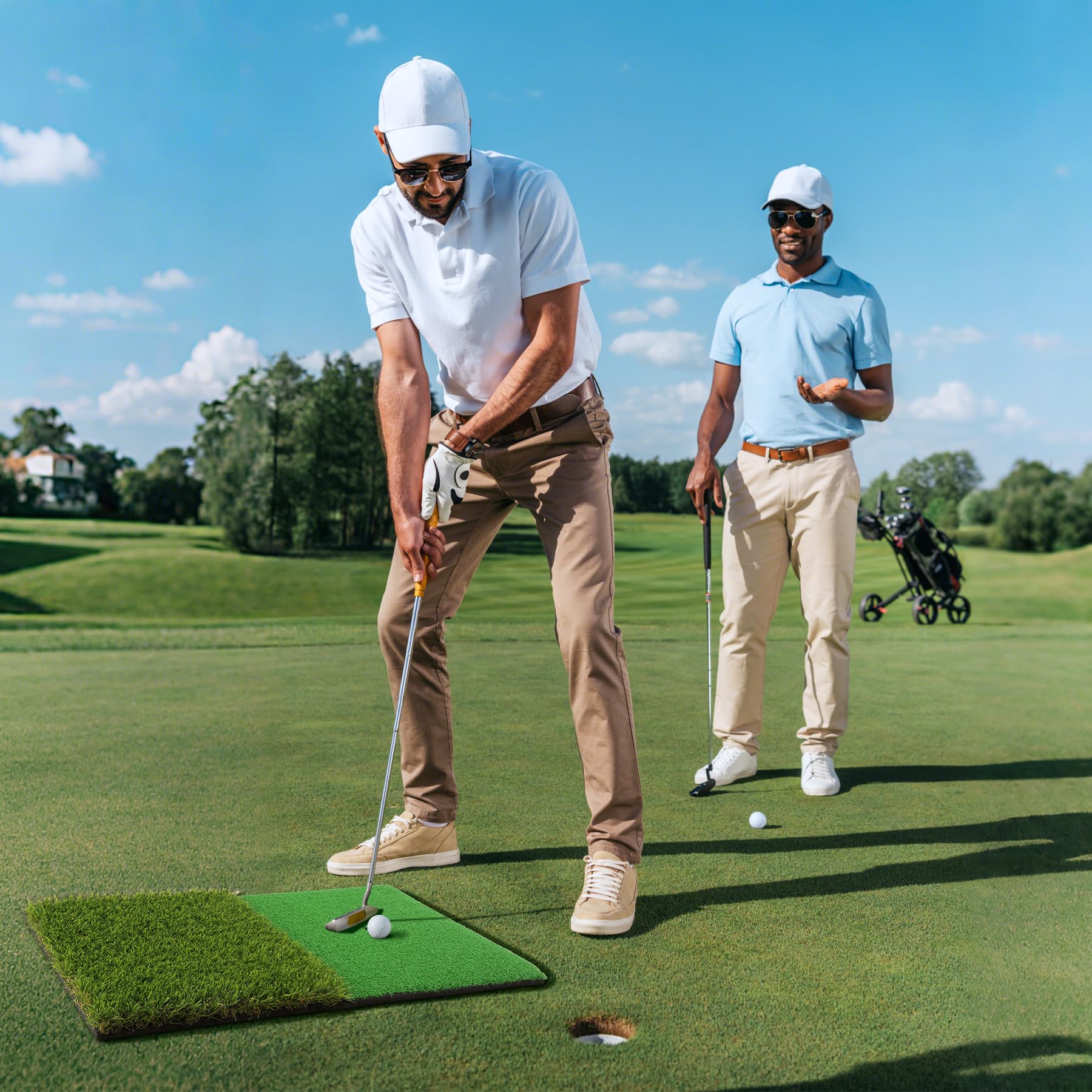 Wind Shear practicing chip and putt on both turf zones to improve short-game control