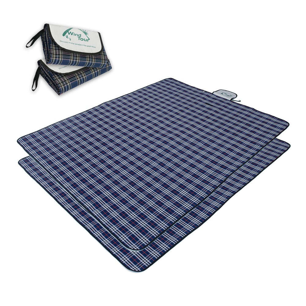 Wind Tour front view of two folded navy picnic blankets showing compact carry convenience