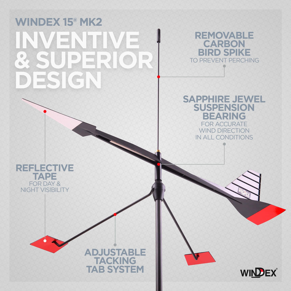 Windex birdspike detail above vane preventing birds from perching on mast