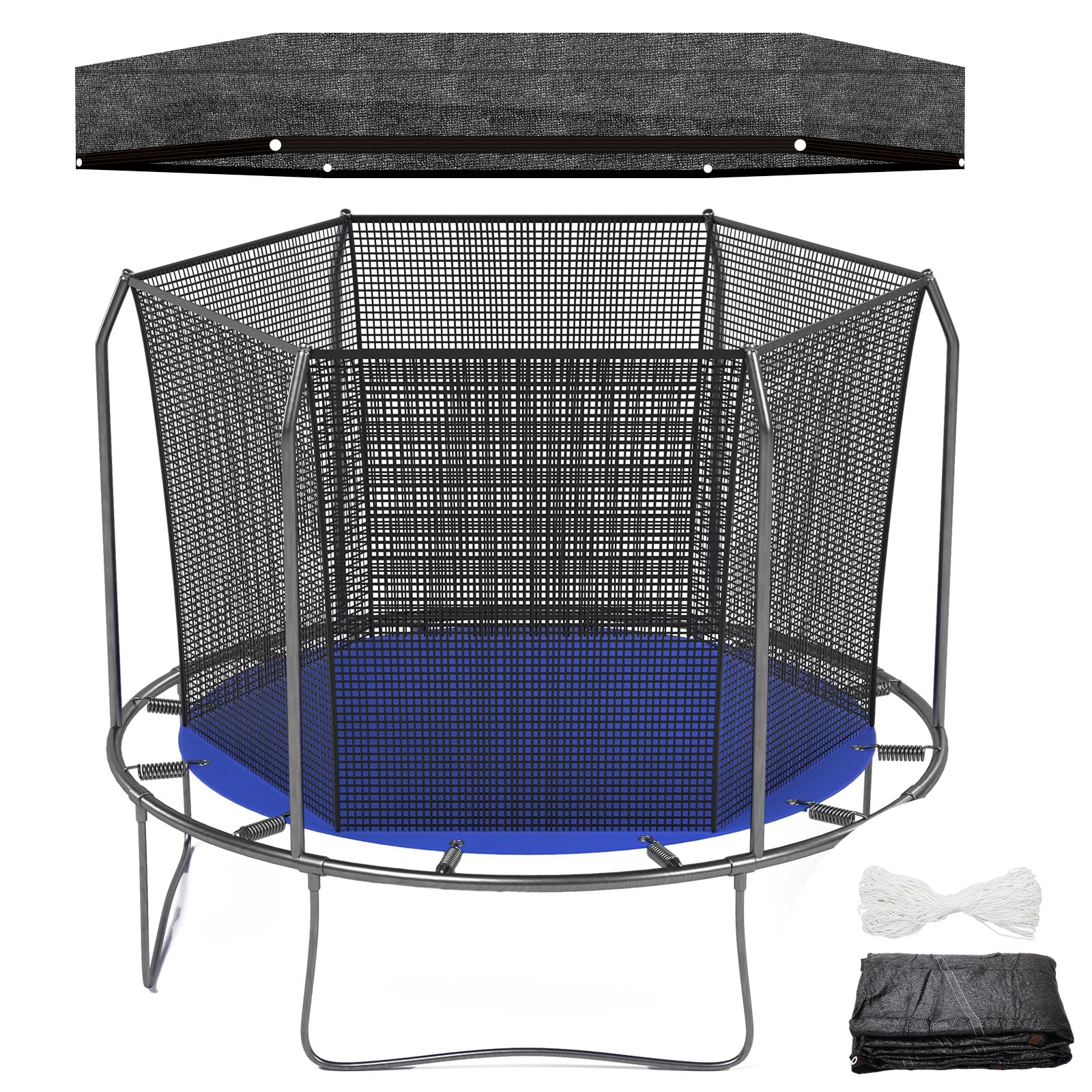 Windyun front view of black 12ft canopy fitted over trampoline for cooler play