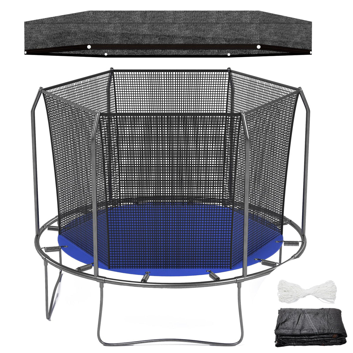 Windyun front view of black 12ft canopy fitted over trampoline for cooler play