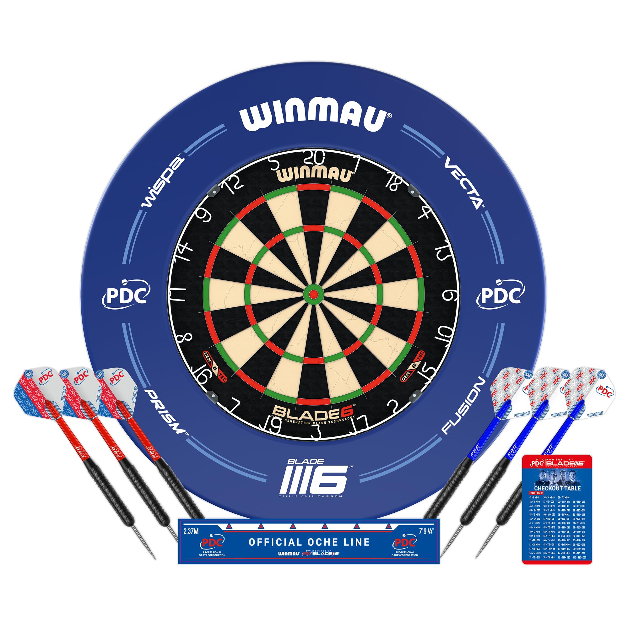 Winmau Blade 6 front view showing target and professional scoring benefit