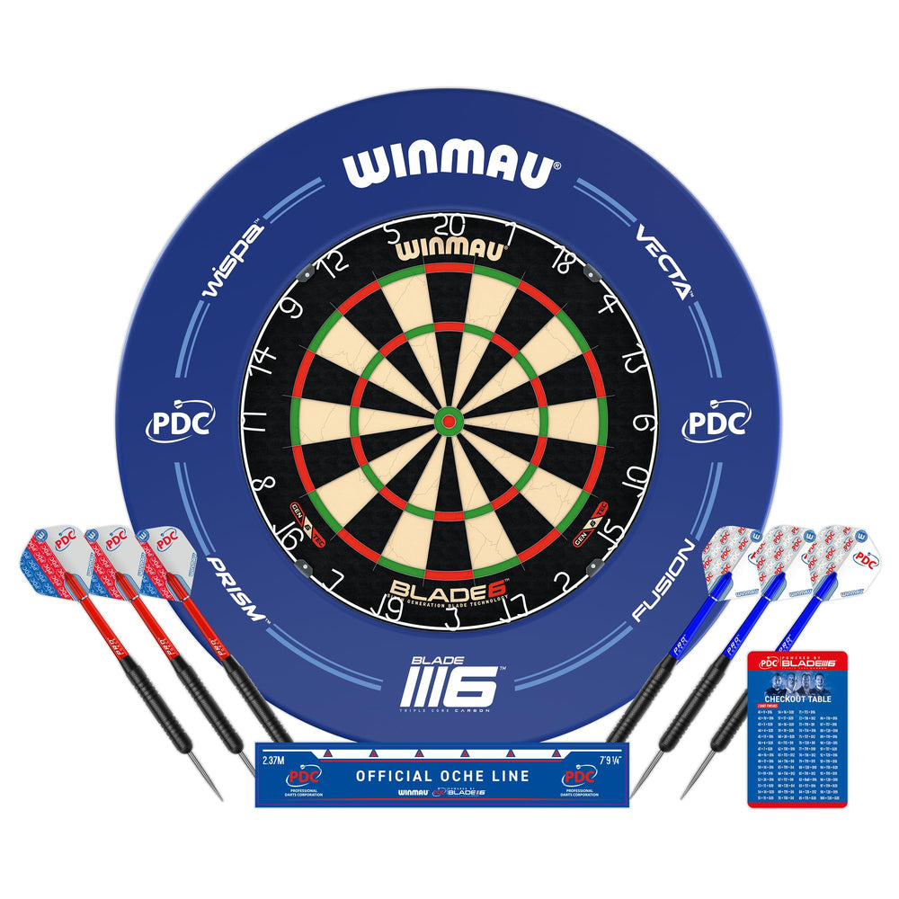 Winmau Blade 6 front view showing target and professional scoring benefit