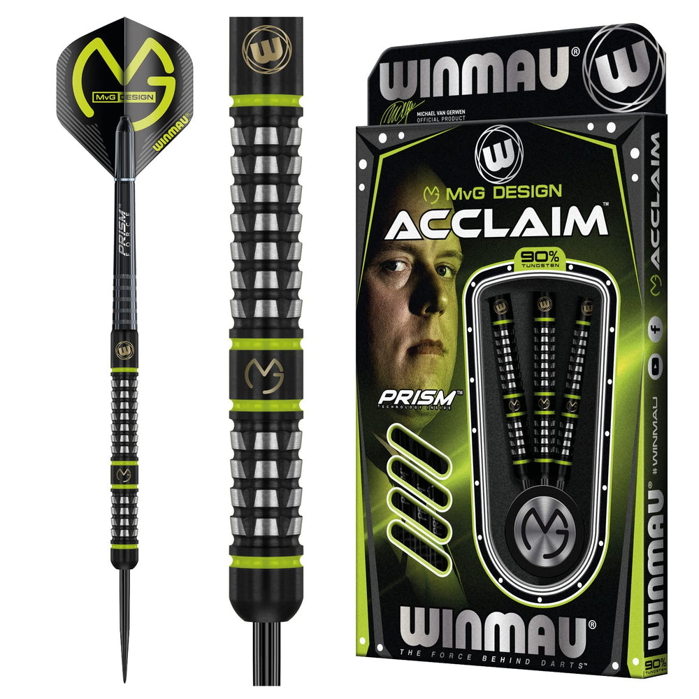 Winmau MvG Acclaim front view showing barrel and steel tip for precision