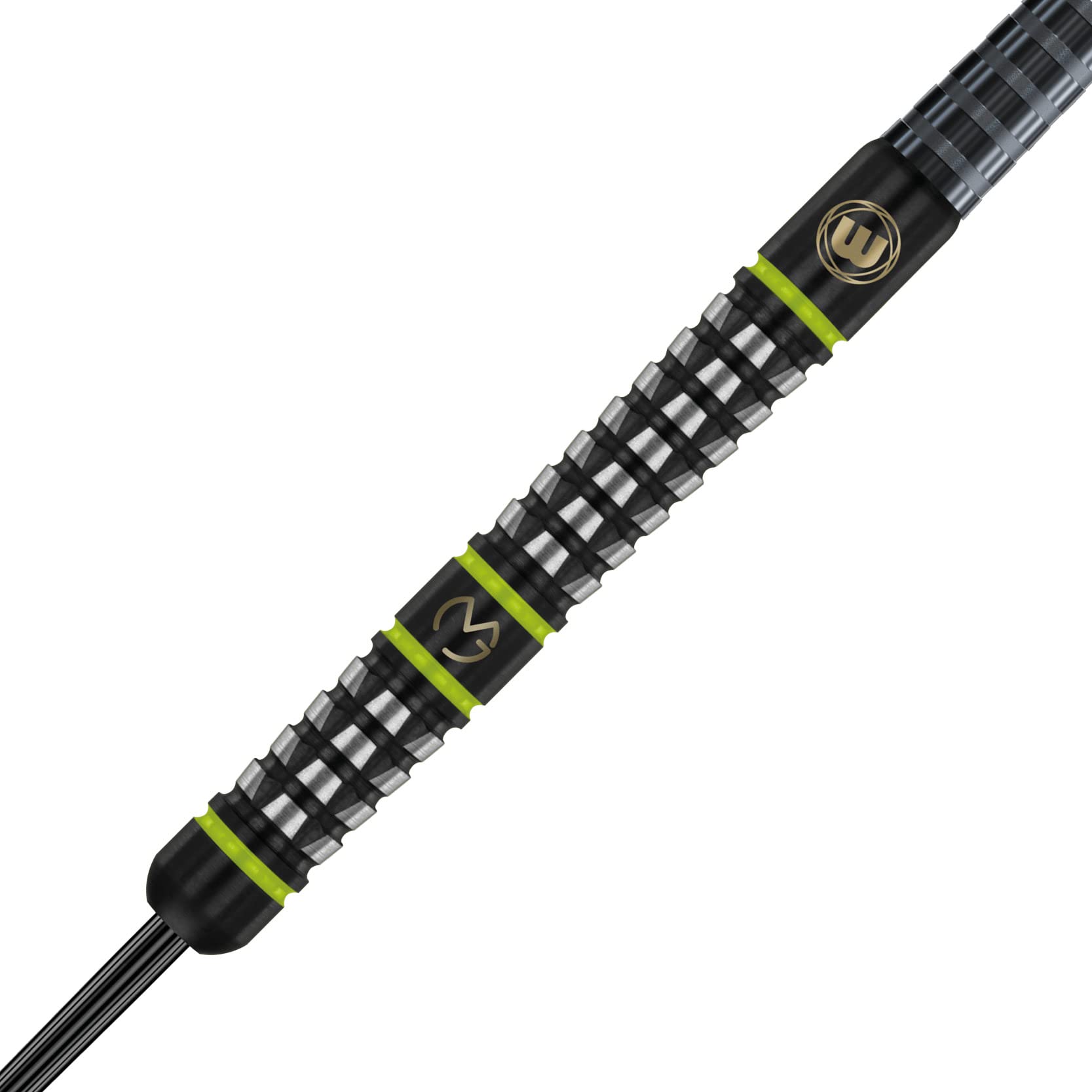 Winmau MvG Acclaim held in hand to show 25g scale for balanced release