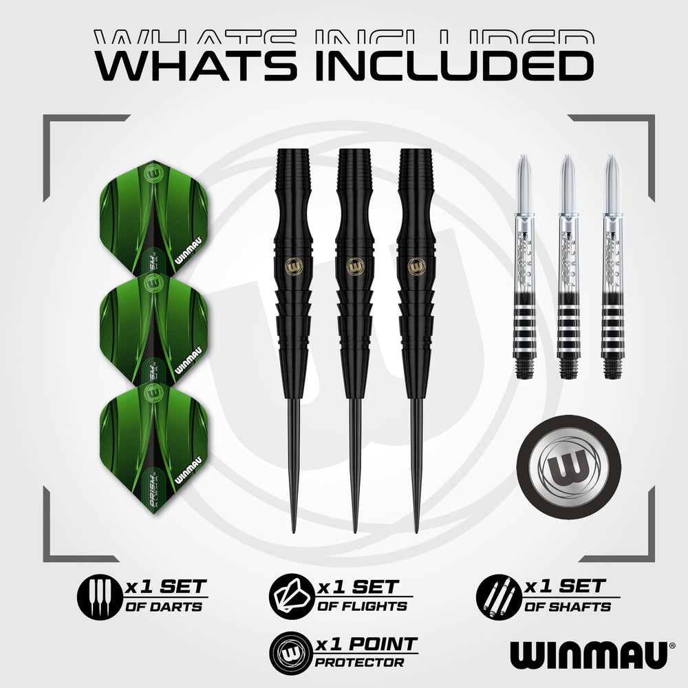 Winmau Sniper Black barrel close-up highlighting machining and 90% tungsten grip for consistency