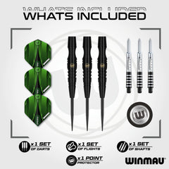 Winmau Sniper Black barrel close-up highlighting machining and 90% tungsten grip for consistency