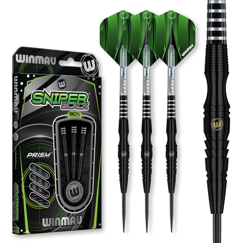 Winmau Sniper Black front view showing full dart set and black PVD finish for sleek control