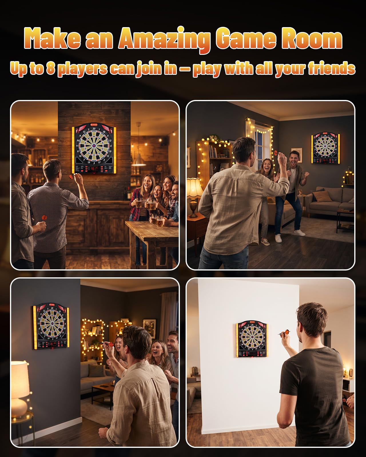 WIN.MAX dartboard next to a chair showing scale and appropriate target size for players
