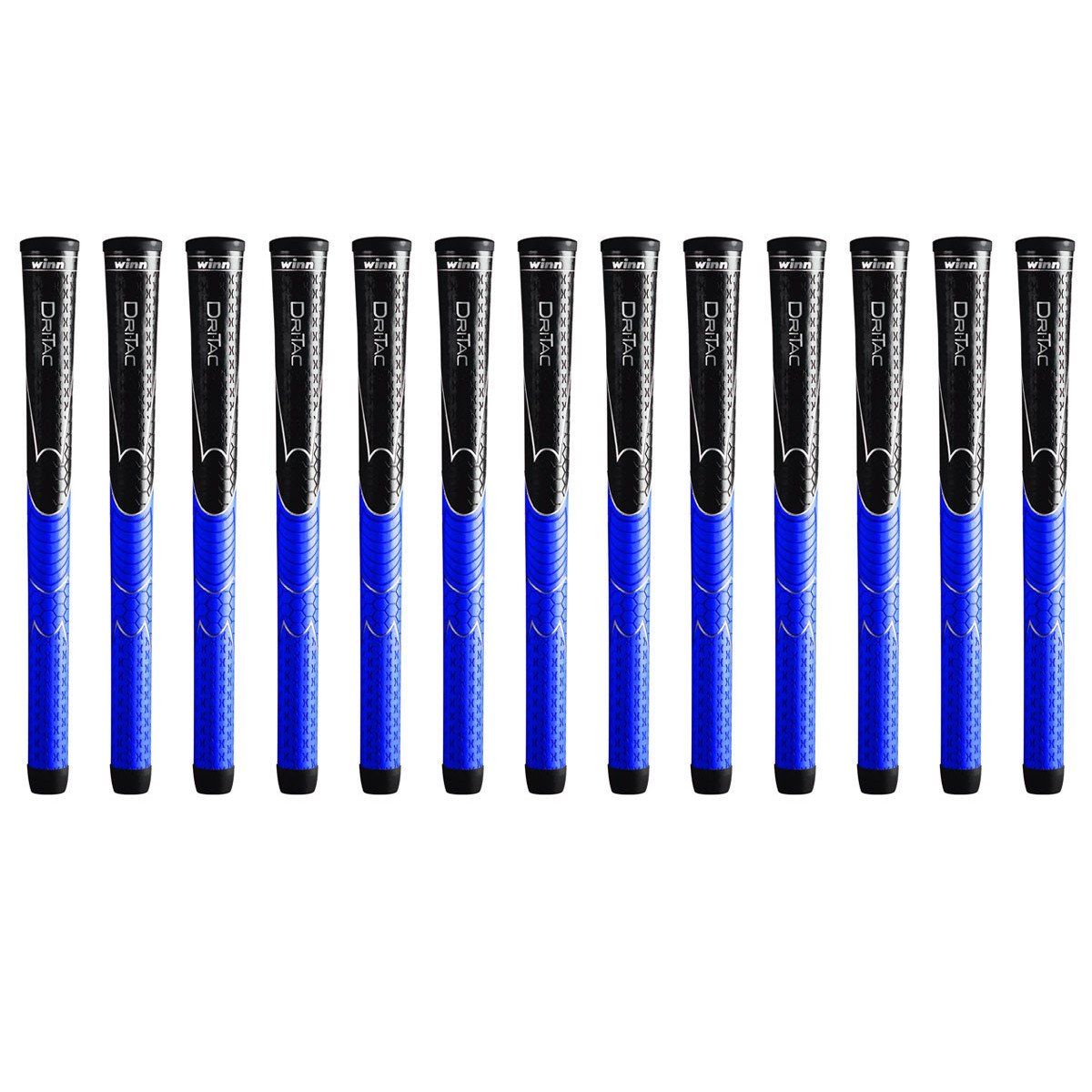 Winn Dri-Tac front packaging showing 13-piece black and blue grips for immediate regripping benefit