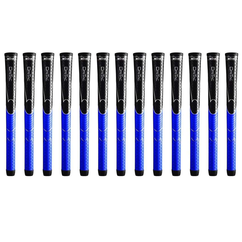 Winn Dri-Tac front packaging showing 13-piece black and blue grips for immediate regripping benefit