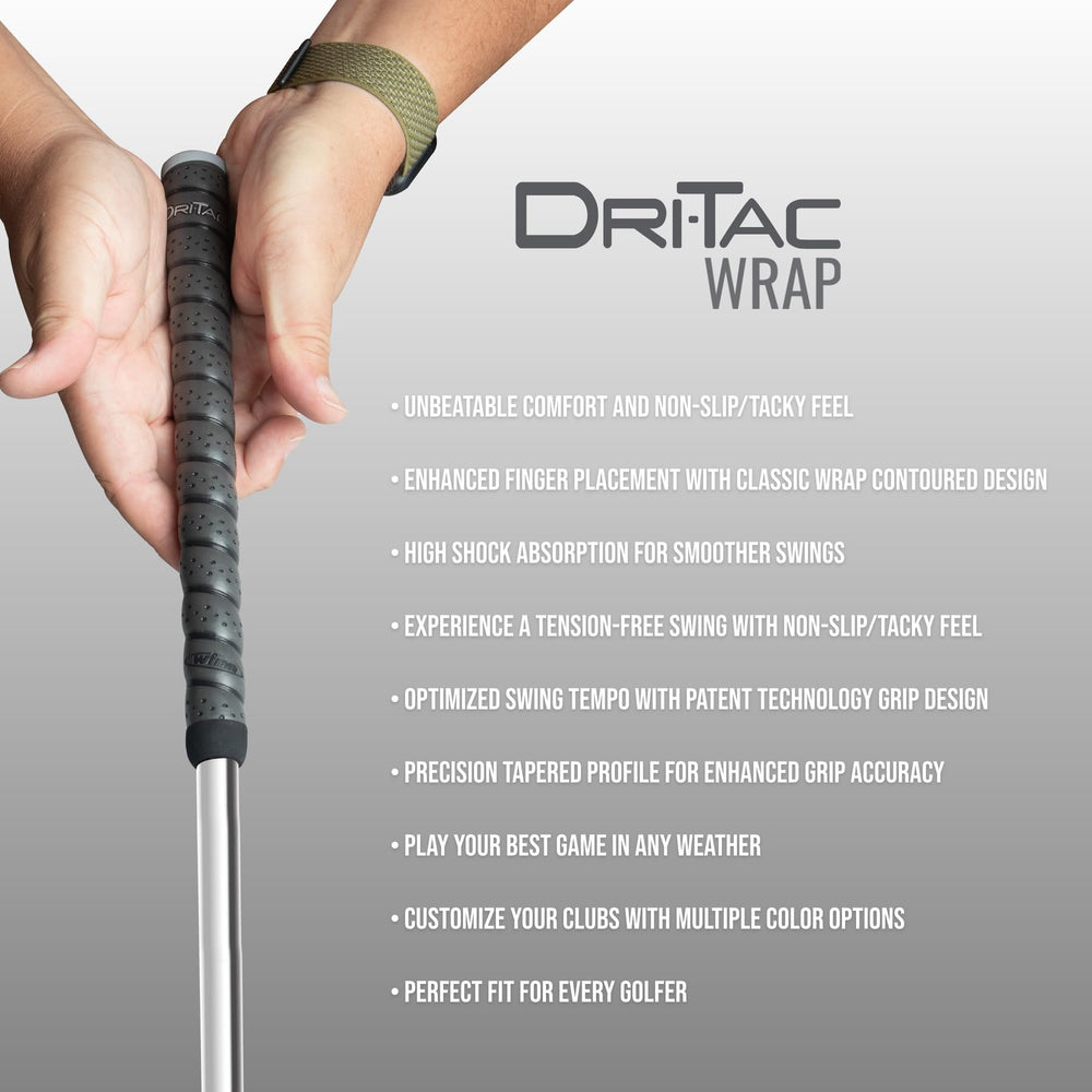 Winn Dri-Tac grips in a golf bag lifestyle scene showing matched set and ready-to-play benefit