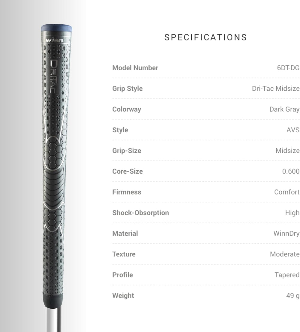 Winn grip next to ruler showing midsize diameter and length for proper scale