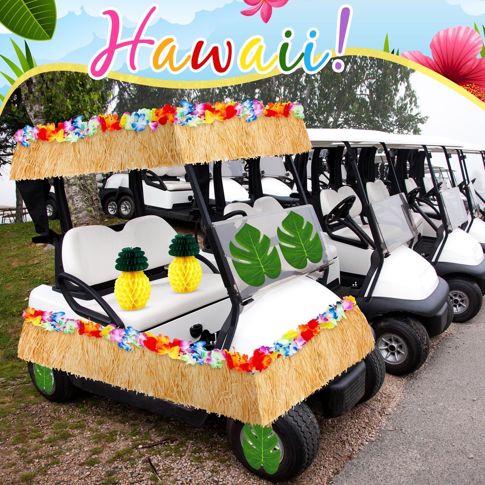 WinnerWhy decorated golf cart in luau setting showing cohesive island theme