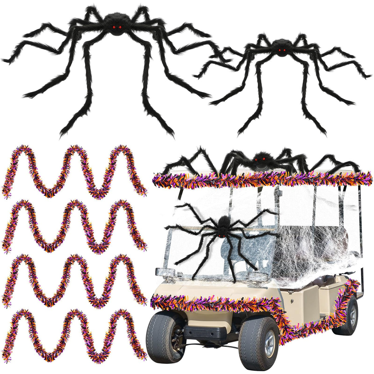 WinnerWhy golf cart front view decorated with webs and spiders for parade appeal