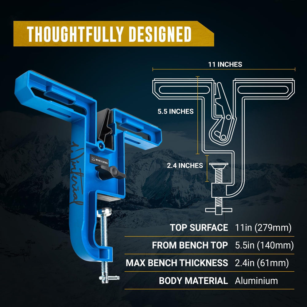 Winterial bench clamp demonstrating 2.4-inch thickness capacity advantage