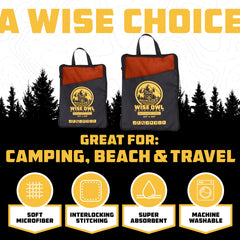Wise Owl Outfitters towel folded in mesh pouch for easy packing benefit
