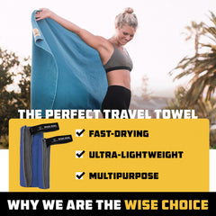 Wise Owl Outfitters towel hanging from a tent pole for quick drying benefit