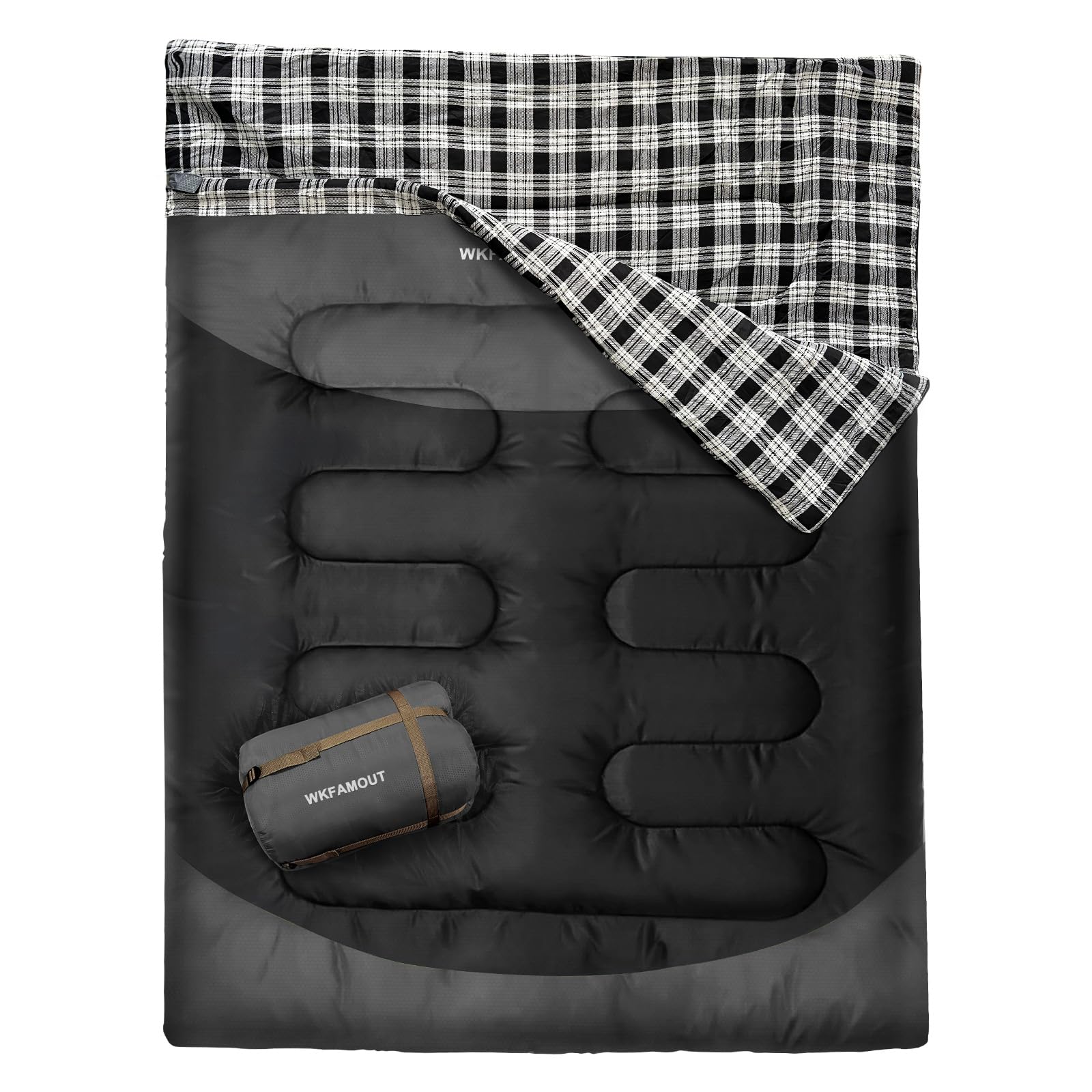 WKFAMOUT front view of double sleeping bag showing full-size comfort and coverage