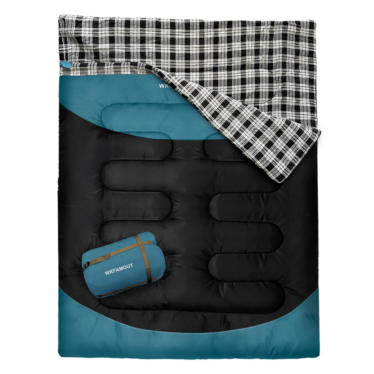 WKFAMOUT front view of queen-size double sleeping bag showing roomy fit and comfort