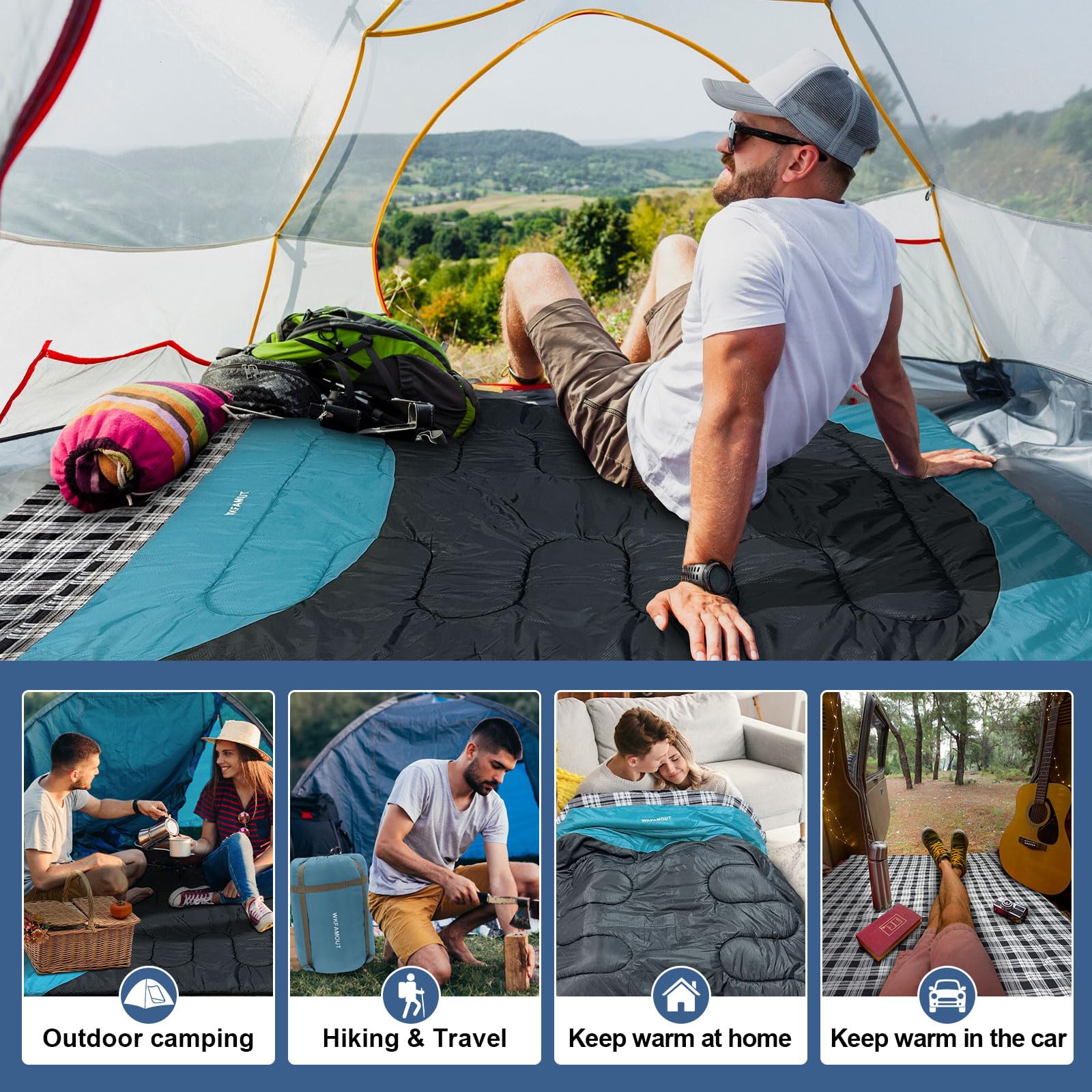 WKFAMOUT sleeping bag spread on queen bed showing true-to-size coverage