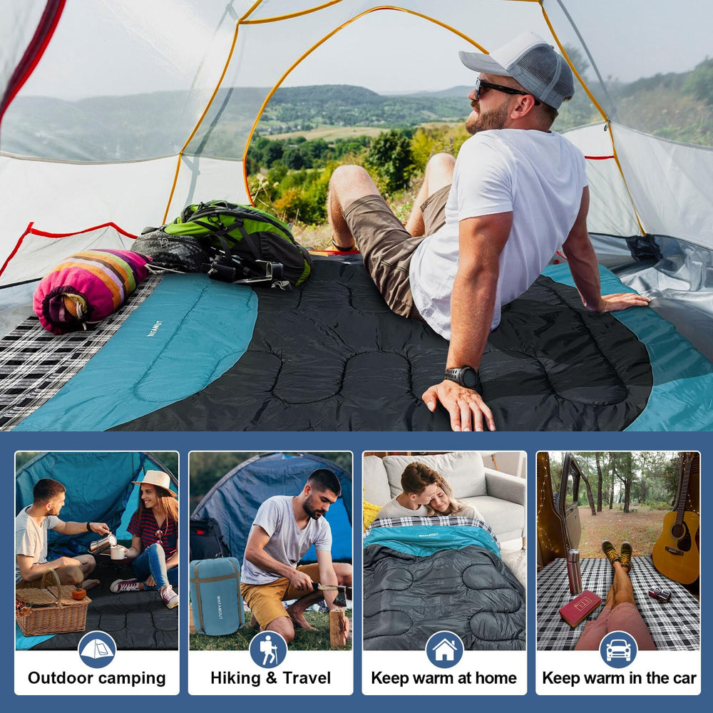 WKFAMOUT sleeping bag spread on queen bed showing true-to-size coverage