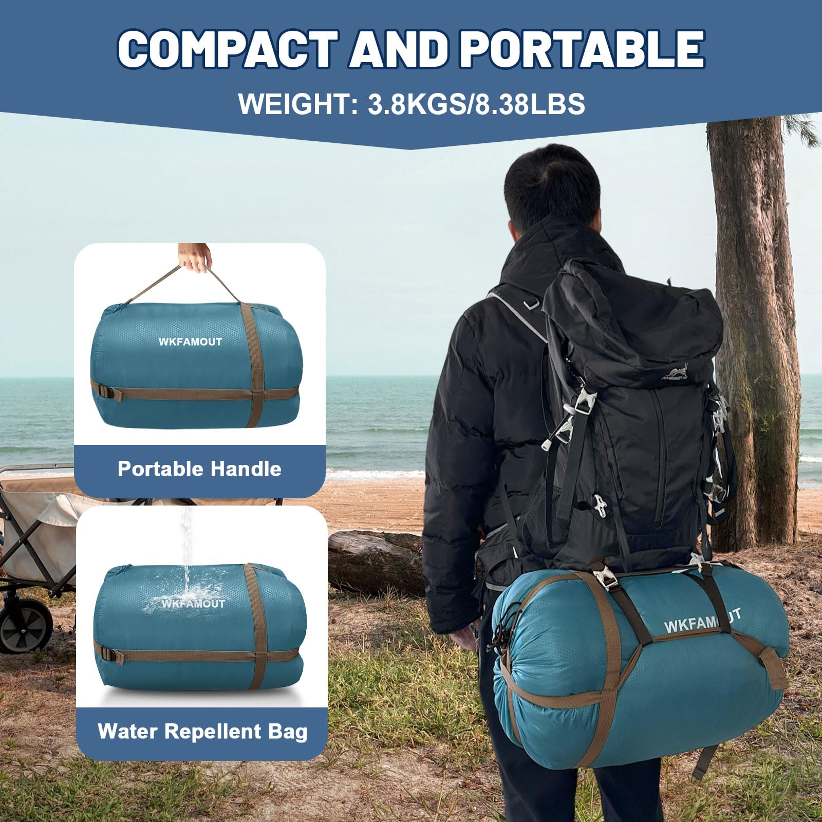 WKFAMOUT sleeping bag zipped as two single bags demonstrating versatility