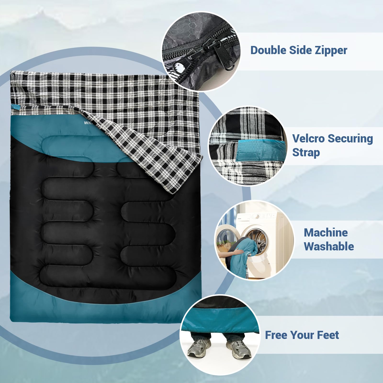 WKFAMOUT two people using the sleeping bag at a campsite showing shared comfort