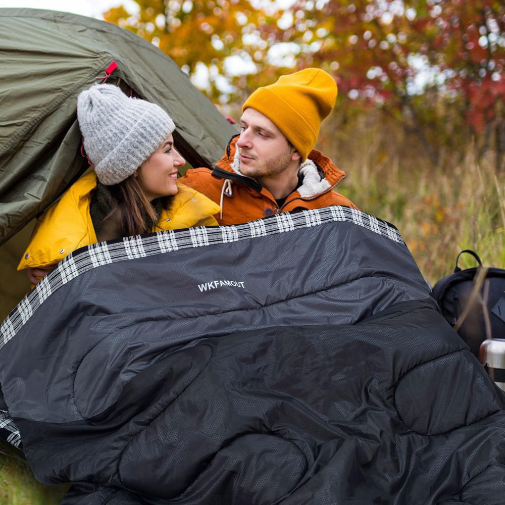 WKFAMOUT sleeping bag unzipped into two blankets showing versatile use