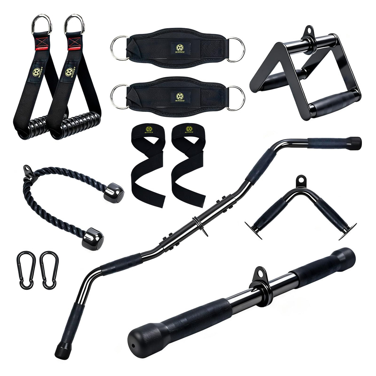 WNOEY complete 19-piece attachment set showing all handles and bars for versatility
