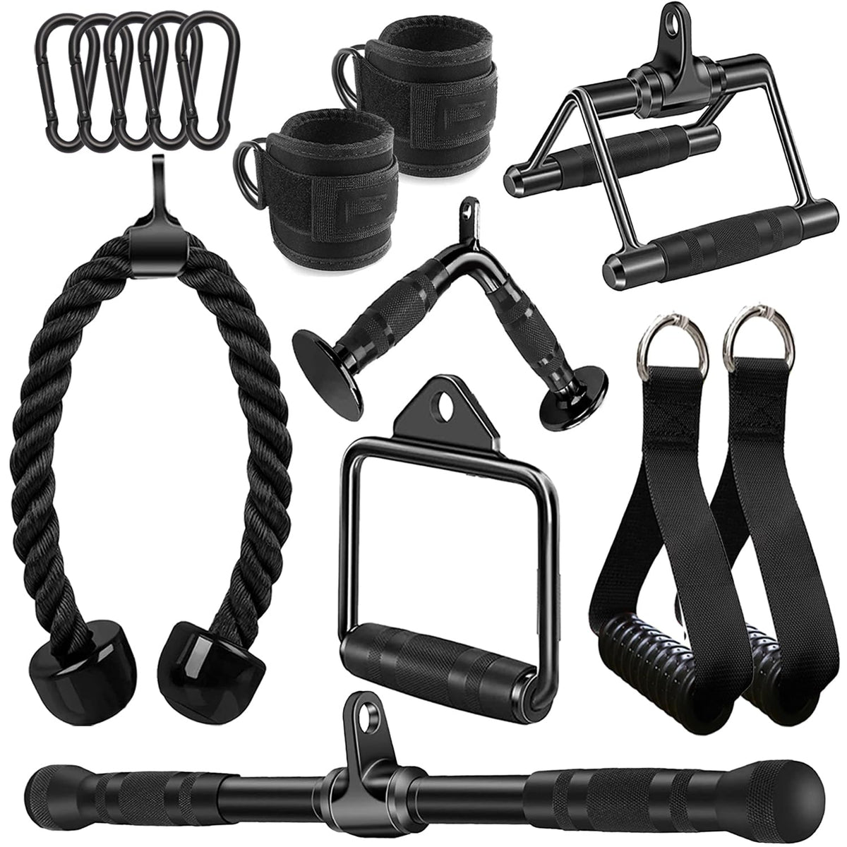 WNOEY front view of full attachment set showing variety and space-saving benefit