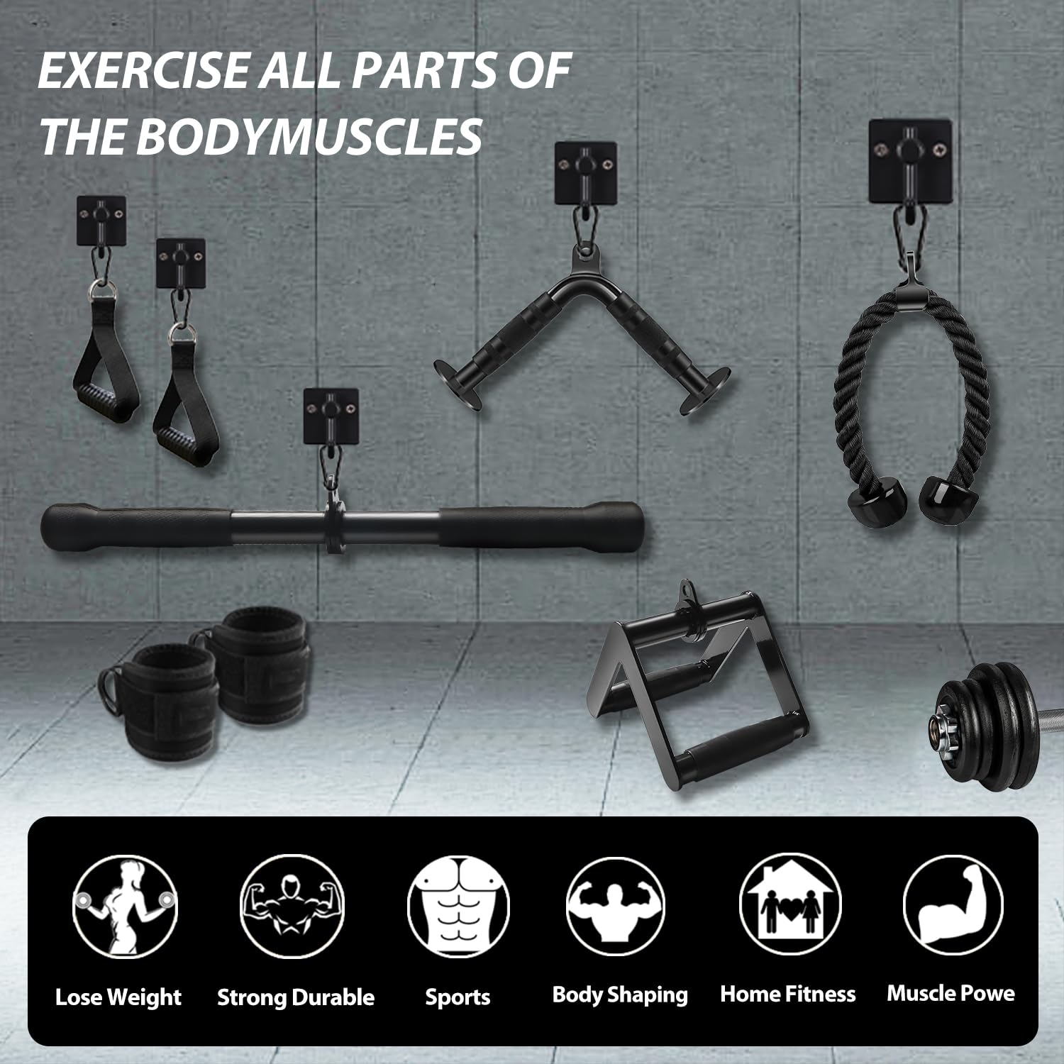 WNOEY kit attached to cable machine in use enabling varied pulldowns and rows