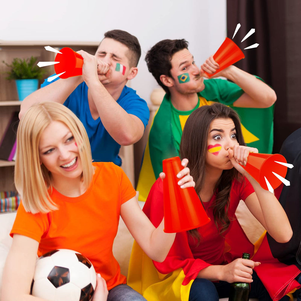 Woanger megaphones lined on sports field boosting team visibility and spirit