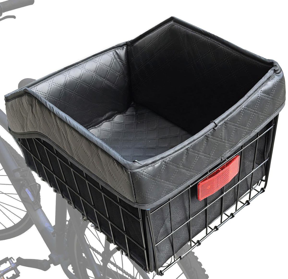 WOCAIXY front view of thick metal rear bike basket showing sturdy frame and load capacity