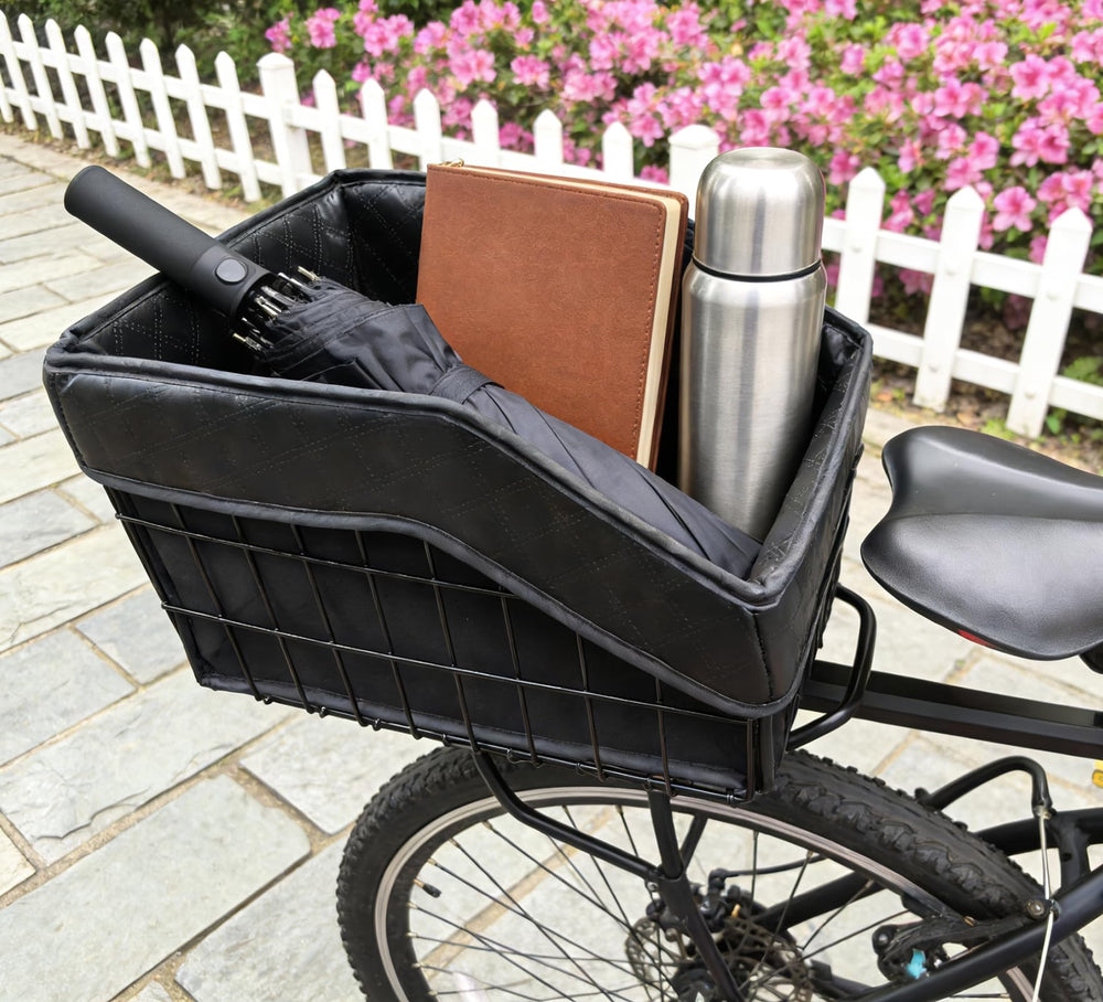 WOCAIXY rear basket mounted on bicycle demonstrating universal compatibility and secure fit